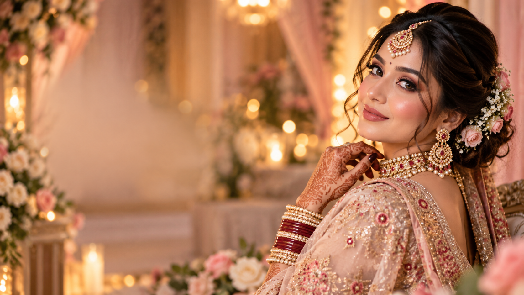 Indian bride wearing an elegant soft-glam bridal makeup look